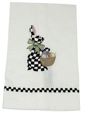 MacKenzie Childs Bunny Tea Towel Easter Courtly Check Embroidered Cotton Linen N